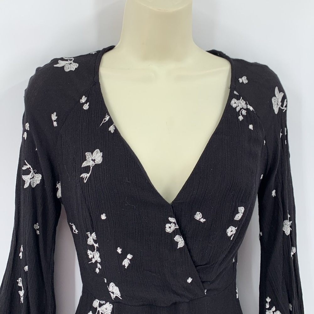 Free People Jasmine boho black dress embroidery mini floral fit flare crinkle 2 - Picture 2 of 5